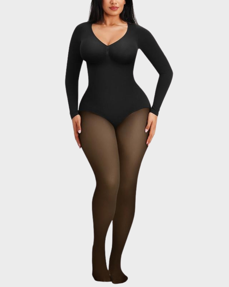 Sheer-Panel Fleece-Lined Long Sleeve Bodysuit