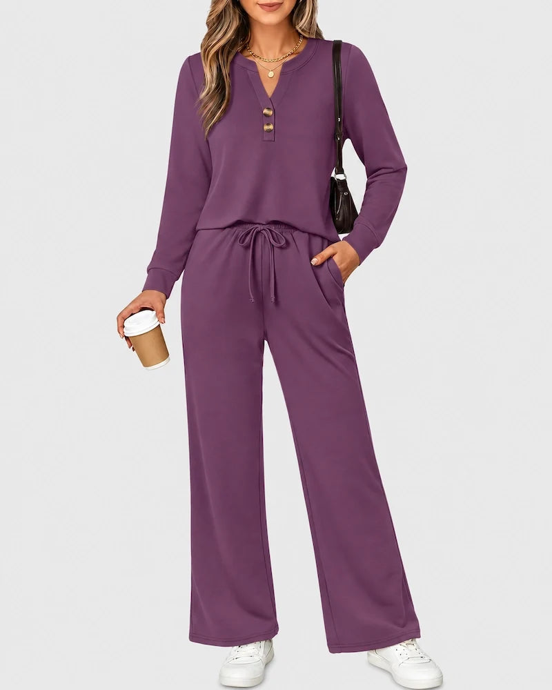 2-Piece Lounge Set - Long Sleeve Top & Wide Leg Pants