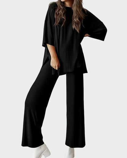 Relaxed Split-Hem Top & Wide-Leg Pants Set