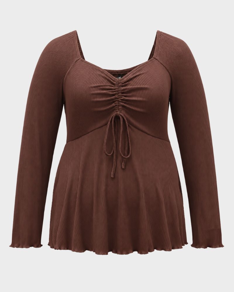 Plus Size Ribbed Drawstring Babydoll Flare-Sleeve Top
