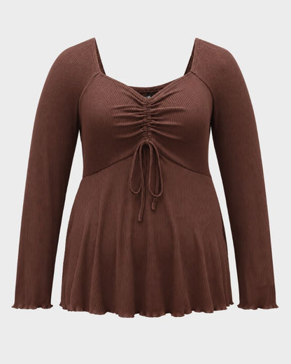 Plus Size Ribbed Drawstring Babydoll Flare-Sleeve Top