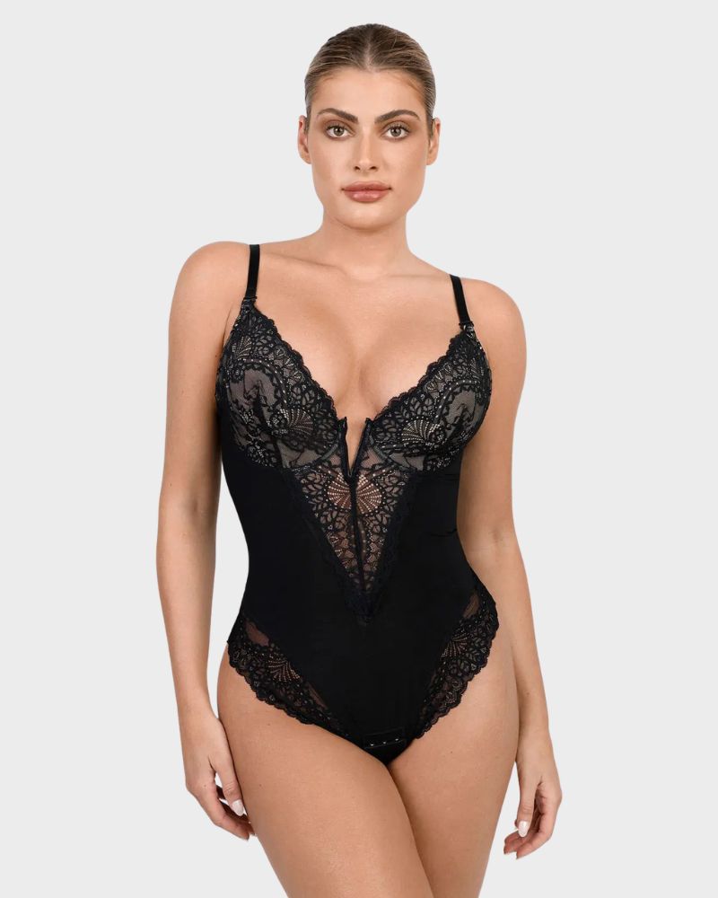 Deep-V Lace Tummy Control Shaping Bodysuit