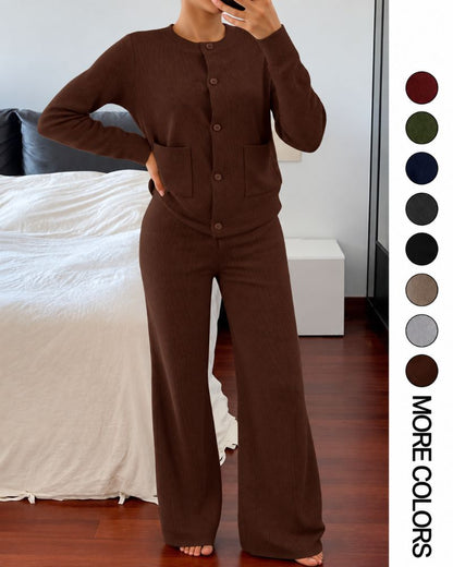 Round-Neck Knit Cardigan & Wide-Leg Pants Set