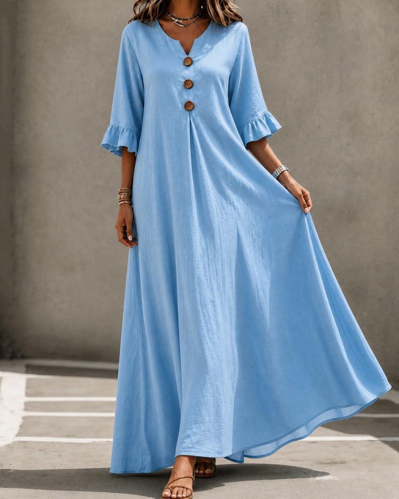Boho Aesthetic Solid V-Neck A-Line Maxi Dress