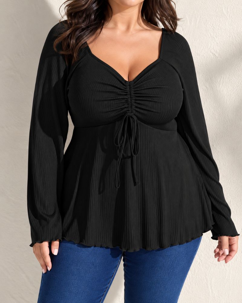 Plus Size Ribbed Drawstring Babydoll Flare-Sleeve Top