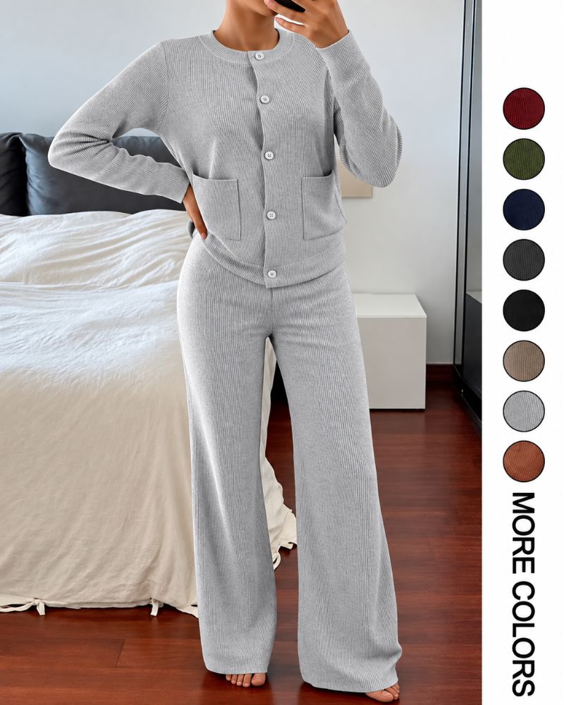 Round-Neck Knit Cardigan & Wide-Leg Pants Set