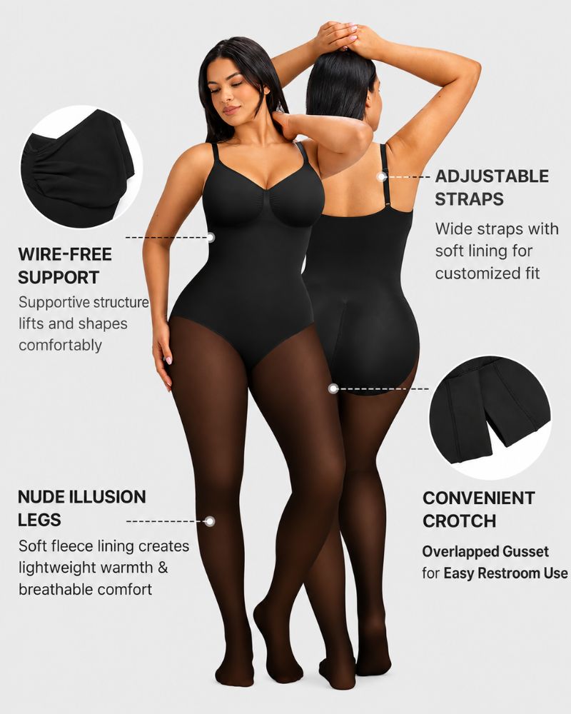 Fleece-Lined Sheer-Effect Tummy Control Tights Bodysuit