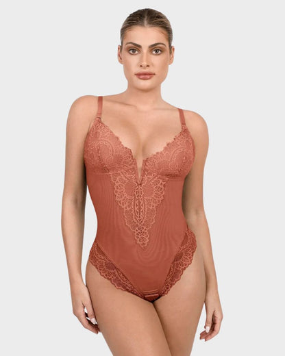 Deep-V Lace Tummy Control Shaping Bodysuit