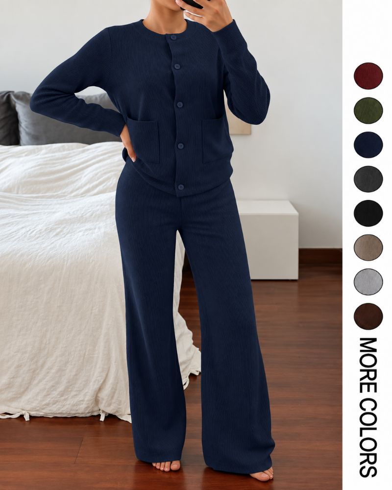 Round-Neck Knit Cardigan & Wide-Leg Pants Set