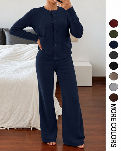 Round-Neck Knit Cardigan & Wide-Leg Pants Set