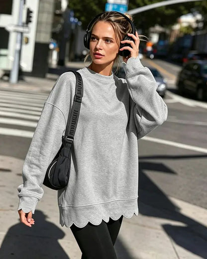 Scallop Hem Oversized Crewneck Sweatshirt