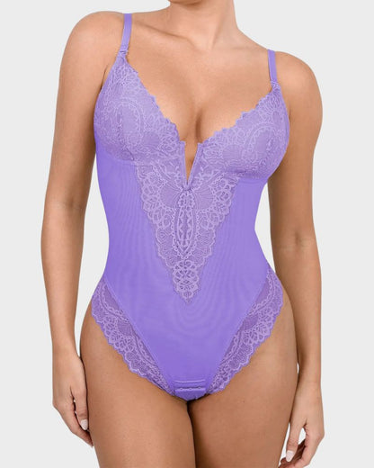 Deep-V Lace Tummy Control Shaping Bodysuit