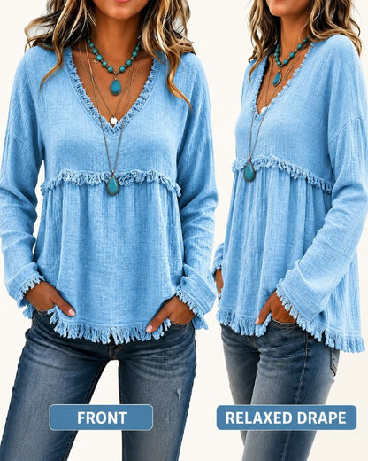 Boho V-Neck Fringe Babydoll Blouse