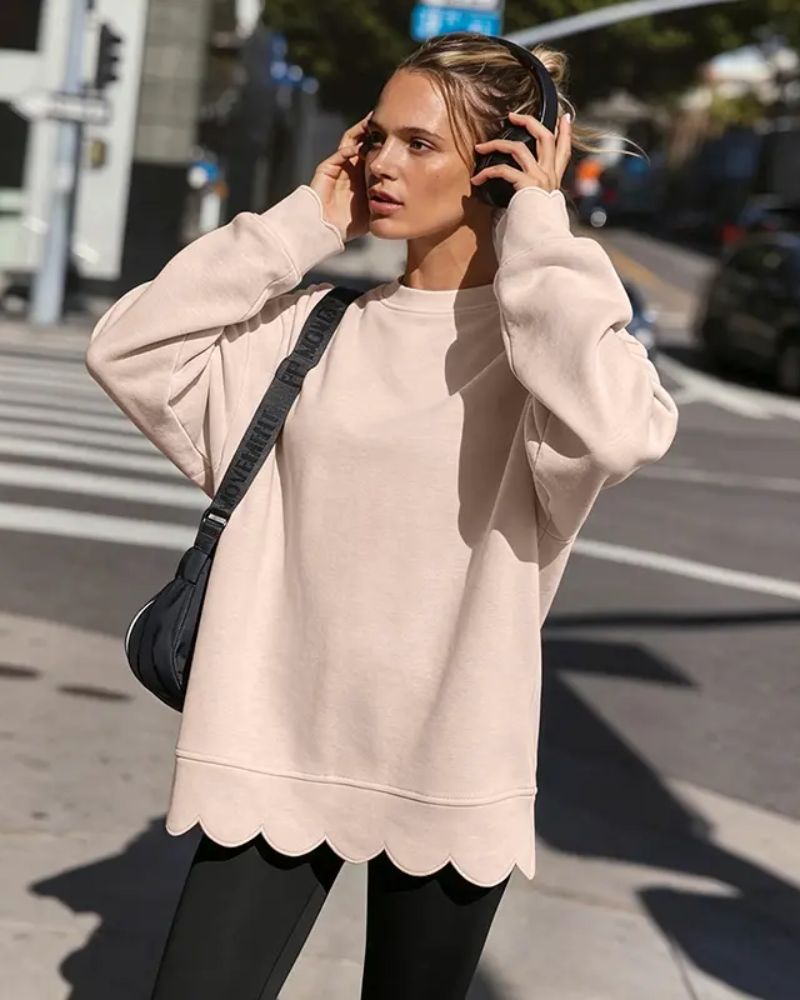 Scallop Hem Oversized Crewneck Sweatshirt