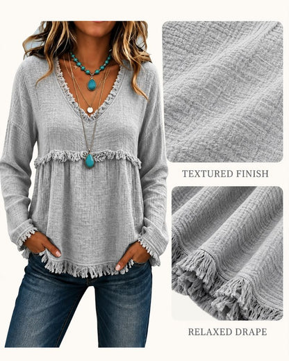 Boho V-Neck Fringe Babydoll Blouse