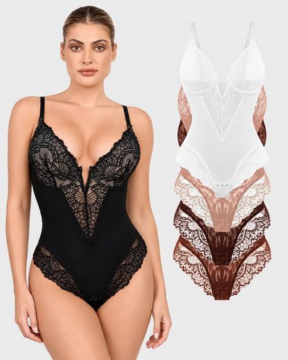 Deep-V Lace Tummy Control Shaping Bodysuit
