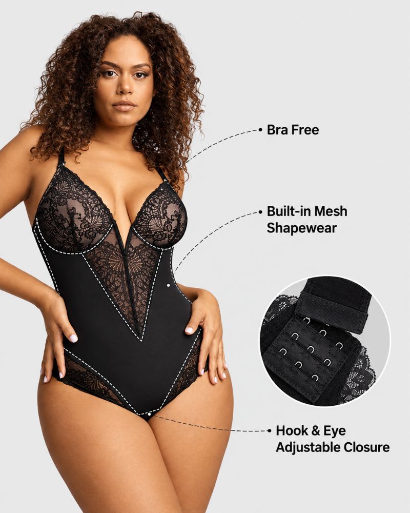 Deep-V Lace Tummy Control Shaping Bodysuit