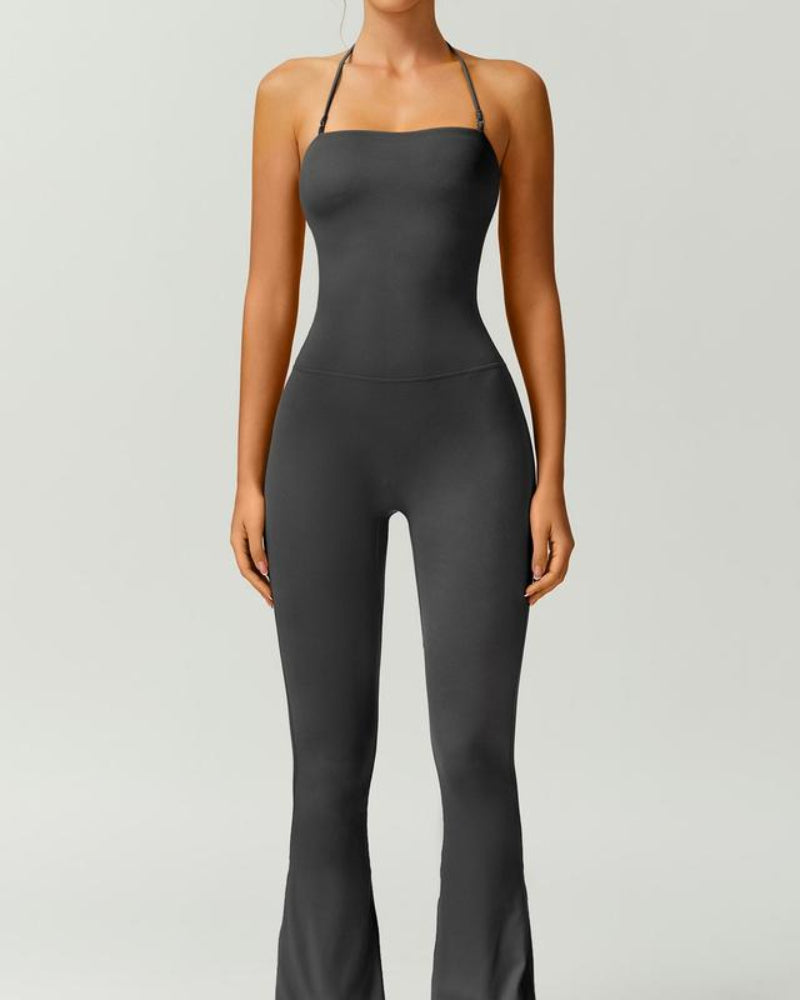 Women’s Halter Neck Bodycon Flare Jumpsuit – Stretchy, Butt-Lifting Activewear