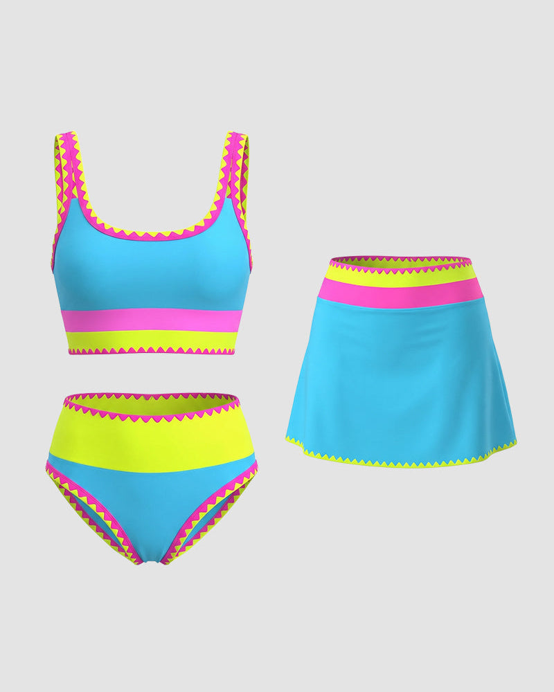 Contrast Patchwork Sporty 3-Piece Bikini Set