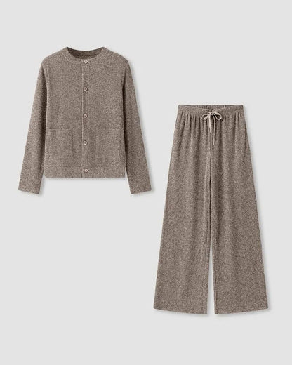 Round-Neck Knit Cardigan & Wide-Leg Pants Set
