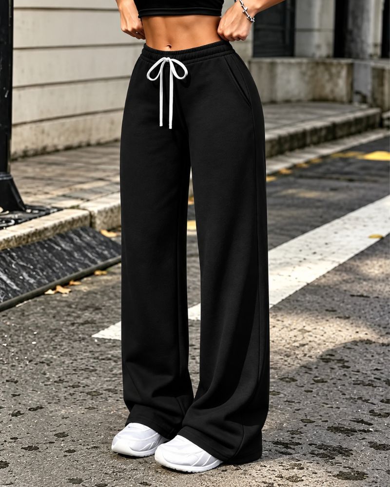 Fleece-Lined Wide-Leg Drawstring Pants