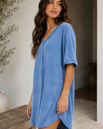 Ribbed Acid-Wash V-Neck Oversized Casual Dress