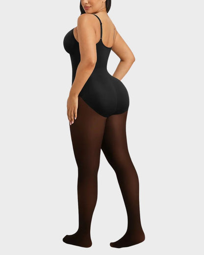 Fleece-Lined Sheer-Effect Tummy Control Tights Bodysuit