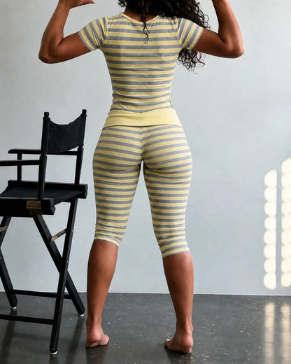 Striped Two-Piece Crop Top & Capri Leggings Set