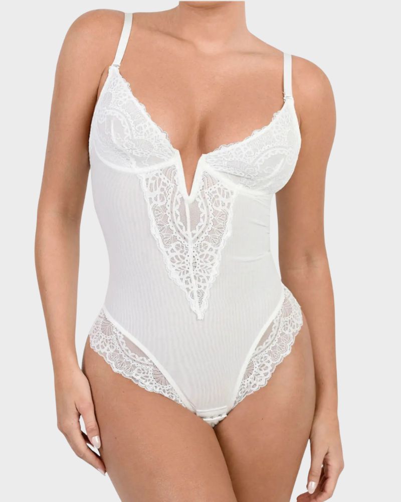 Deep-V Lace Tummy Control Shaping Bodysuit