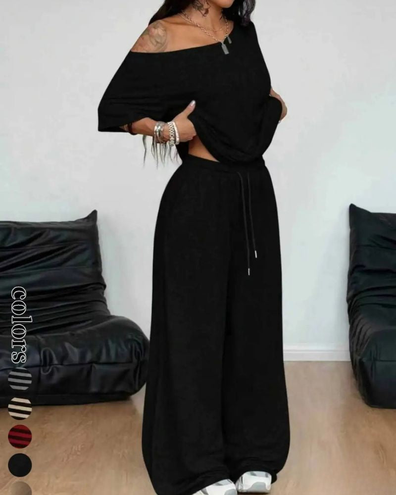 Striped Off-Shoulder Wide-Leg Two-Piece Set