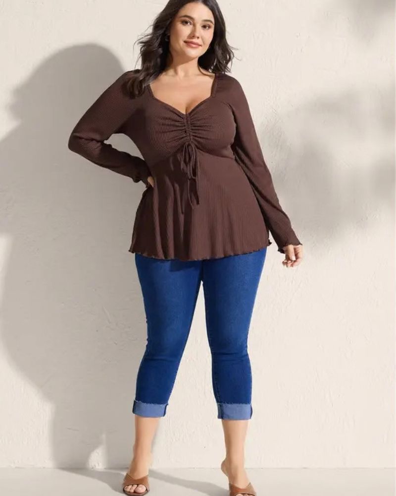 Plus Size Ribbed Drawstring Babydoll Flare-Sleeve Top