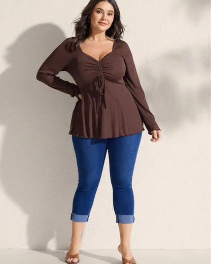 Plus Size Ribbed Drawstring Babydoll Flare-Sleeve Top