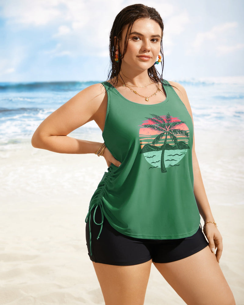 Island Print Drawstring Adjustable Swim Top