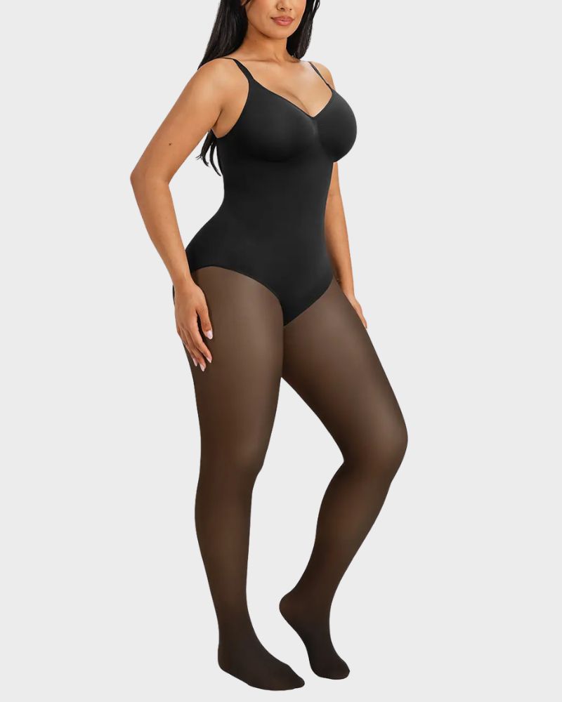 Fleece-Lined Sheer-Effect Tummy Control Tights Bodysuit
