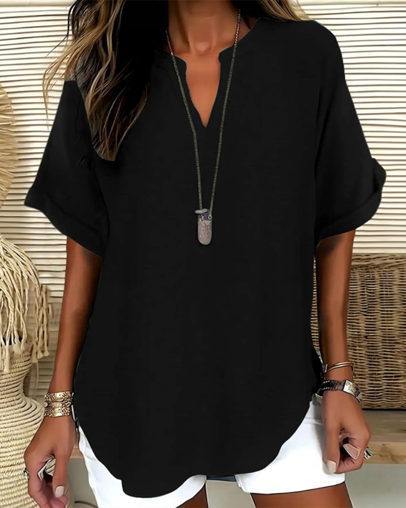 Relaxed V-Neck Short Sleeve Blouse