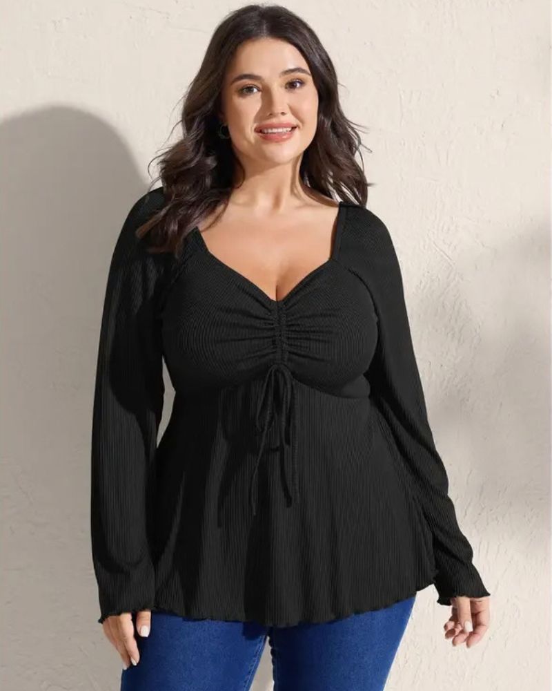 Plus Size Ribbed Drawstring Babydoll Flare-Sleeve Top