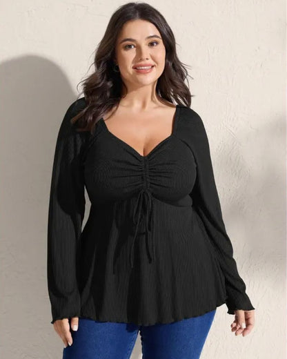 Plus Size Ribbed Drawstring Babydoll Flare-Sleeve Top