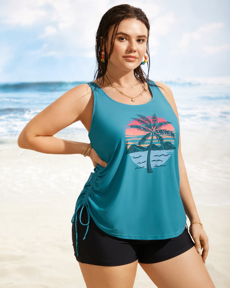 Island Print Drawstring Adjustable Swim Top