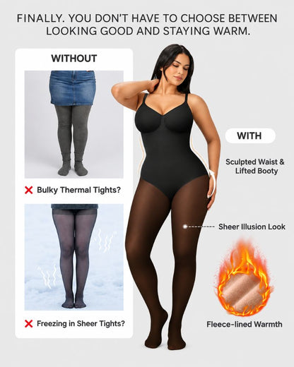 Fleece-Lined Sheer-Effect Tummy Control Tights Bodysuit