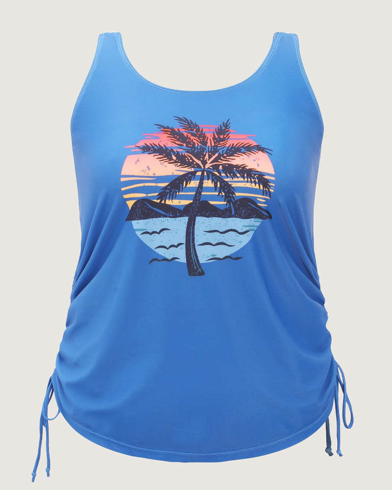 Island Print Drawstring Adjustable Swim Top