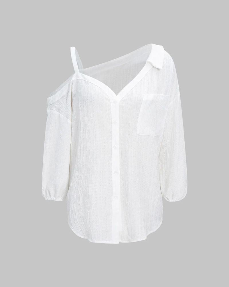 Asymmetric Cold-Shoulder Button-Down Blouse