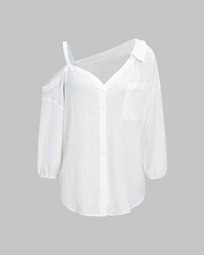Asymmetric Cold-Shoulder Button-Down Blouse