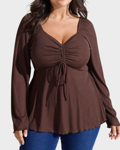 Plus Size Ribbed Drawstring Babydoll Flare-Sleeve Top