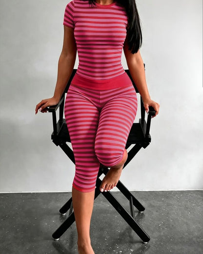 Striped Two-Piece Crop Top & Capri Leggings Set