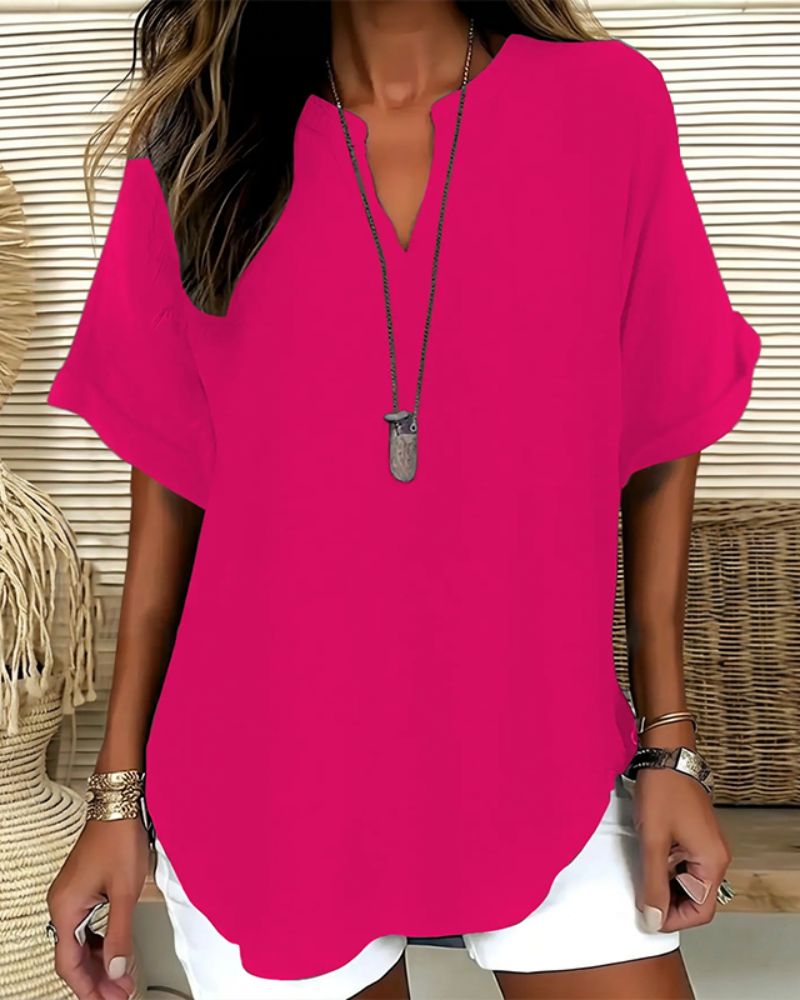 Relaxed V-Neck Short Sleeve Blouse
