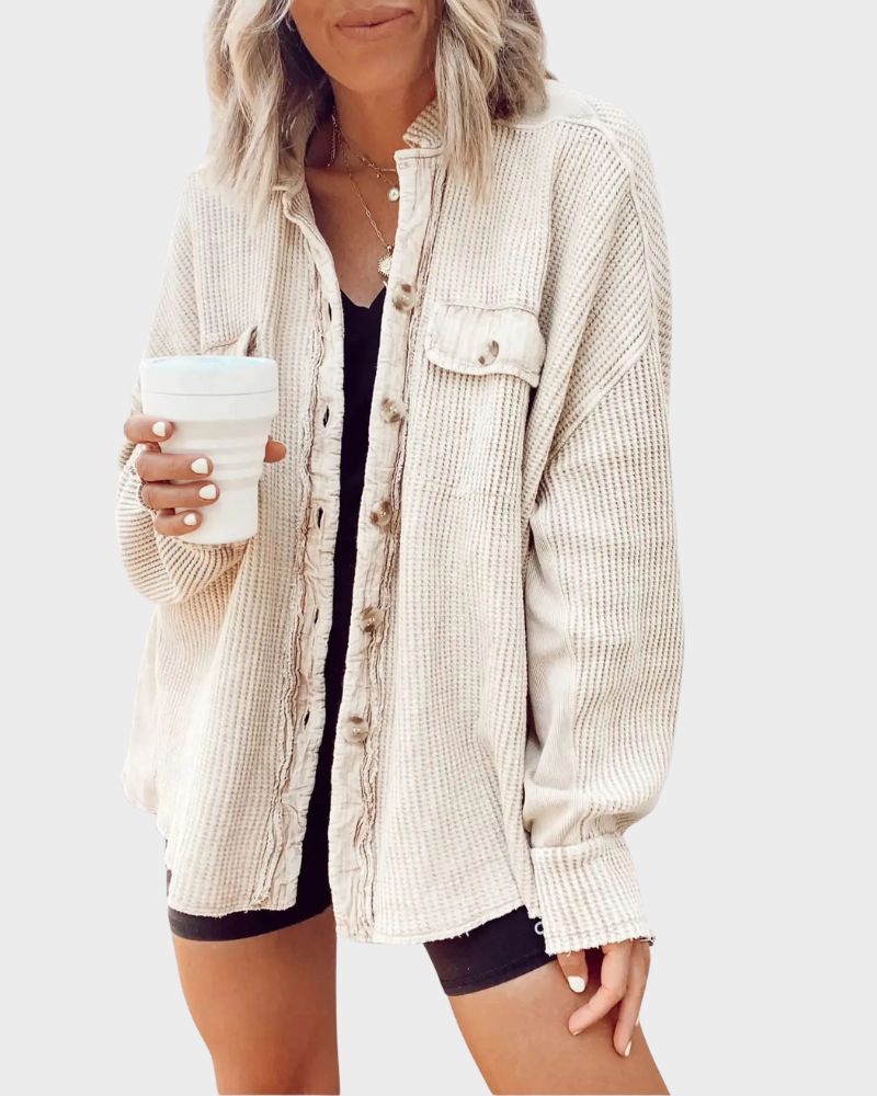 Oversized Batwing Waffle Knit Button-Down Shacket