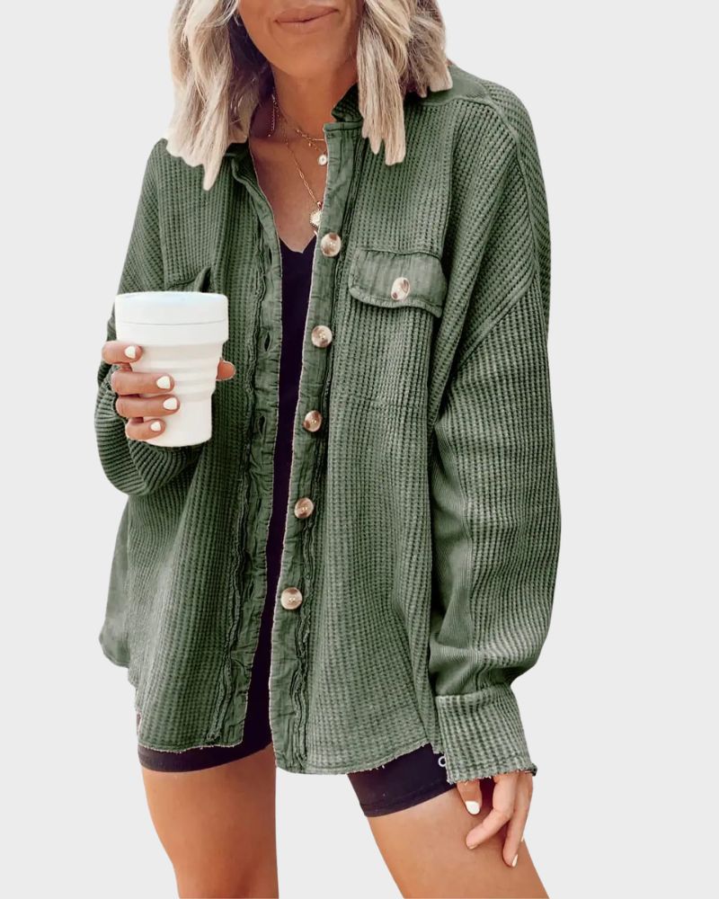 Oversized Batwing Waffle Knit Button-Down Shacket