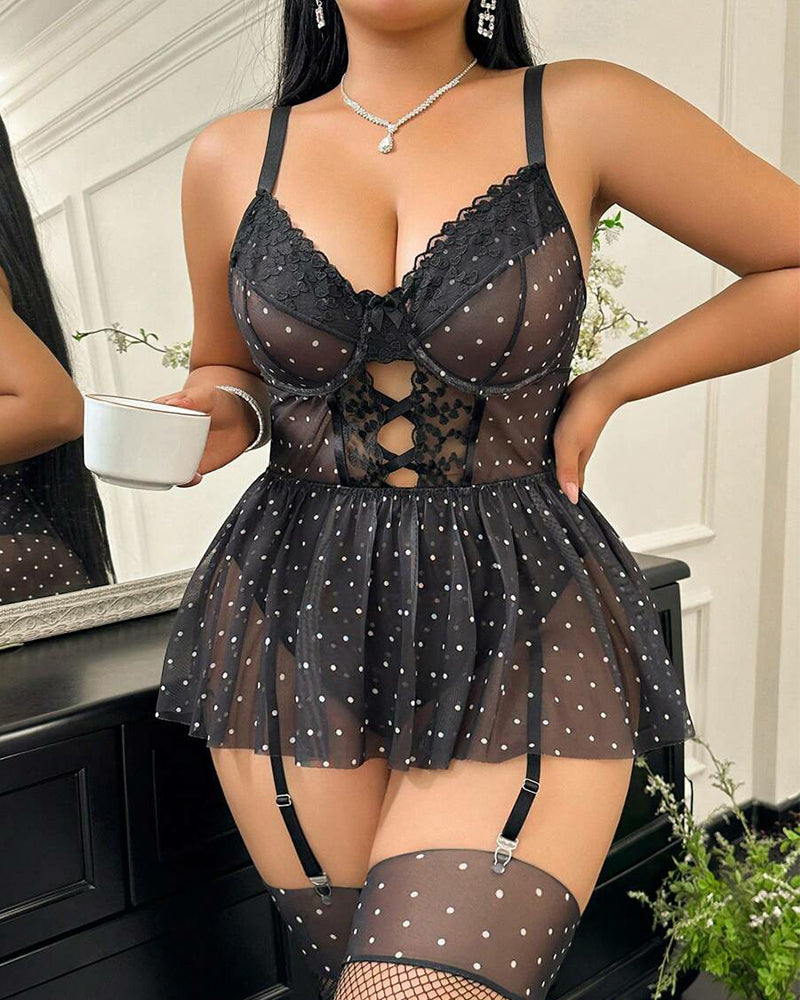 Sexy Plus Size Sheer Lace & Mesh Polka Dot Nightie for Women