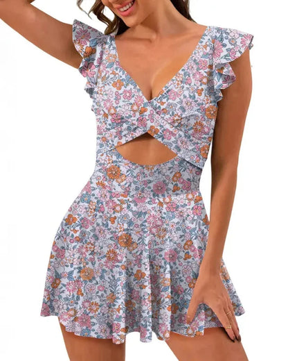 One Piece Swimsuit Ruffle Cutout Swimdress Tummy Control V Neck