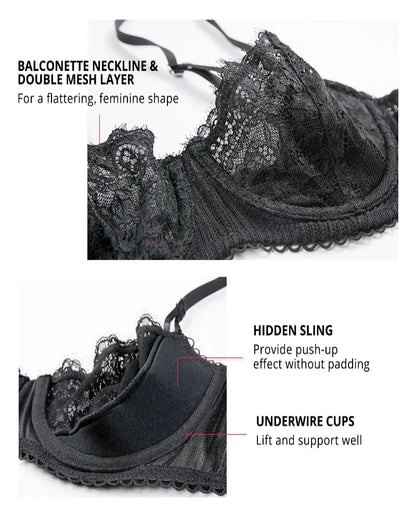 Women's Sexy Lace Push Up Plus Size Bra Sheer Balconette Underwire Unlined